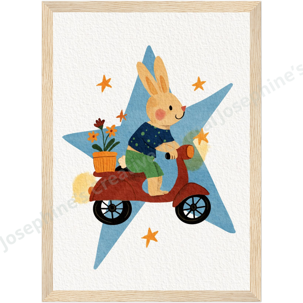 Illustration représentant un lapin sur une Vespa rouge