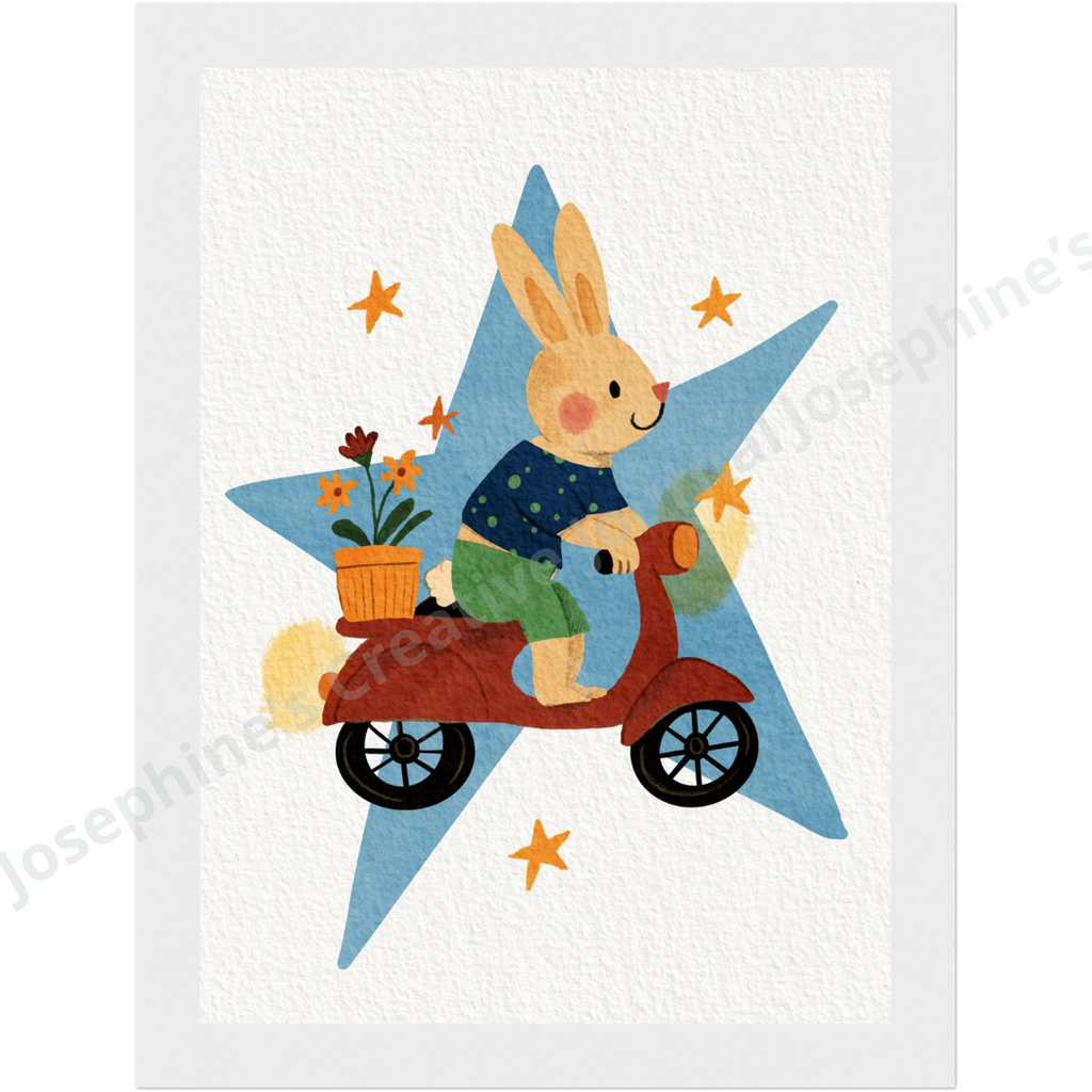 Illustration représentant un lapin sur une Vespa rouge