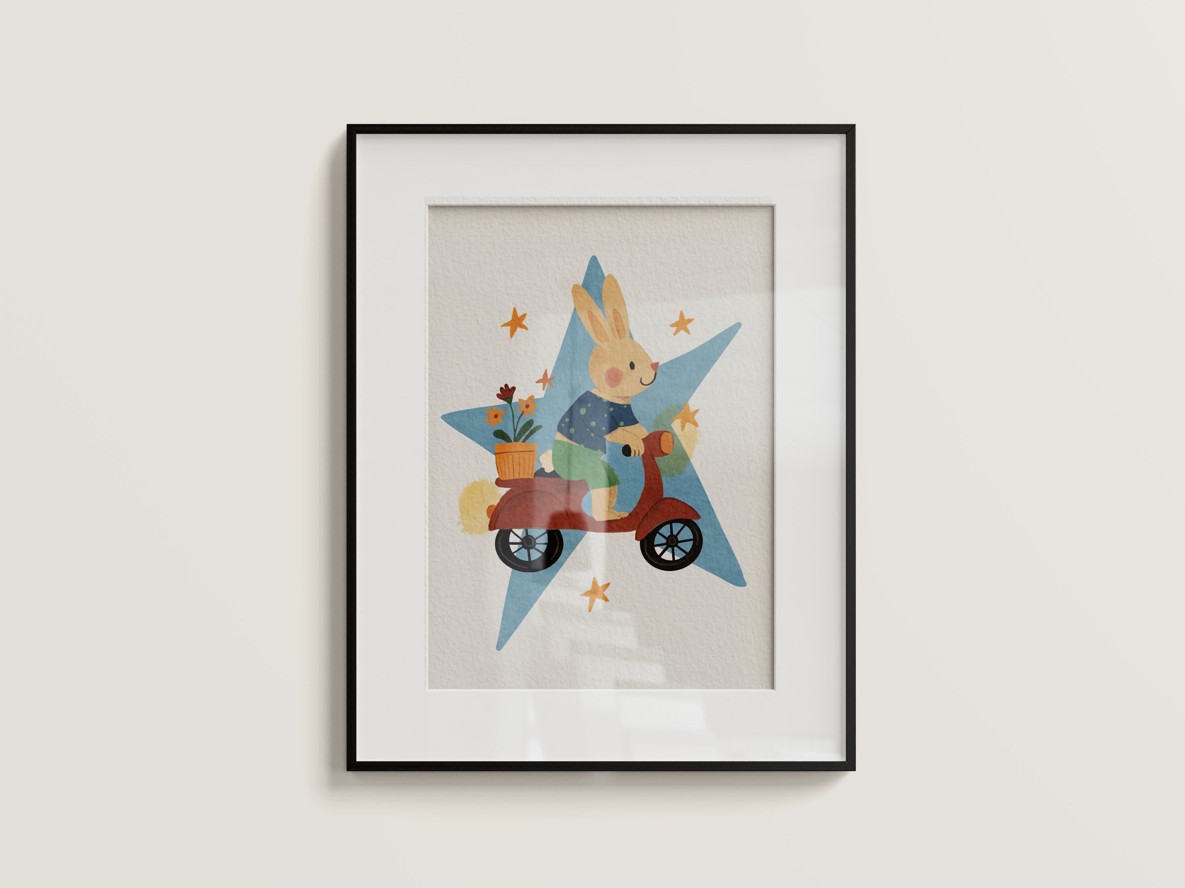 Illustration représentant un lapin sur une Vespa rouge
