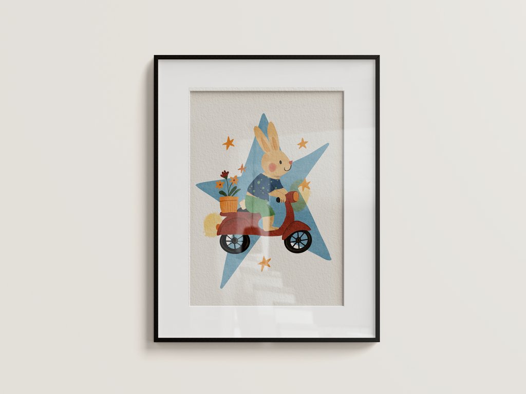 Illustration représentant un lapin sur une Vespa rouge